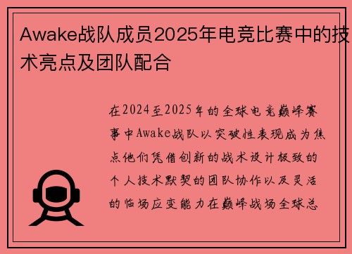Awake战队成员2025年电竞比赛中的技术亮点及团队配合